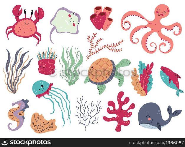 Coral and seaweed. Underwater flora and fauna, cute sea animals, ocean life, marine creatures, laminaria and jellyfish, cartoon whales, crab and octopus, wildlife and aquarium vector isolated set. Coral and seaweed. Underwater flora and fauna, cute sea animals, ocean life, marine creatures, laminaria and jellyfish, cartoon whales, crab and octopus, wildlife vector isolated set