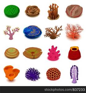 Coral reef icons set. Isometric illustration of 16 coral reef vector icons for web. Coral reef icons set, isometric style