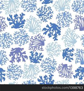 Coral seamless pattern. Blue sea elements on white background in vintage style. Marine ocean reef. Vector illustration.