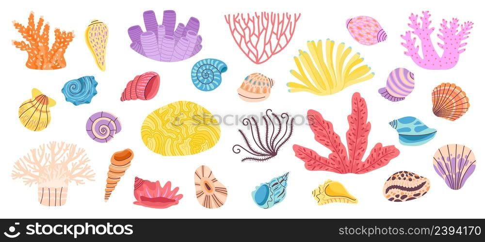 Corals. Sea coral, weeds and seashell. Ocean reef doodle elements. Shells decoration, underwater or aquarium objects. Marine decent vector objects. Illustration of sea nautical weed tropical. Corals. Sea coral, weeds and seashell. Ocean reef doodle elements. Shells decoration, underwater or aquarium objects. Marine decent vector objects