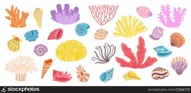 Corals. Sea coral, weeds and seashell. Ocean reef doodle elements. Shells decoration, underwater or aquarium objects. Marine decent vector objects. Illustration of sea nautical weed tropical. Corals. Sea coral, weeds and seashell. Ocean reef doodle elements. Shells decoration, underwater or aquarium objects. Marine decent vector objects