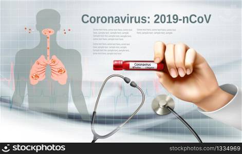 Coranavirus background with doctor holding tube with pasitiv test and stethoscope. Vector