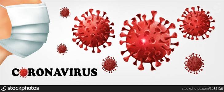 Coranavirus background with virus COVID - 19 molecules and medical mask. Vector