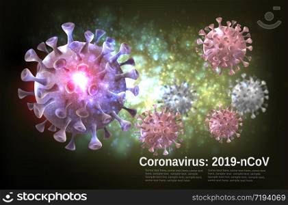 Coranavirus panorama. Background with virus COVID - 19 molecules. Vector illustration