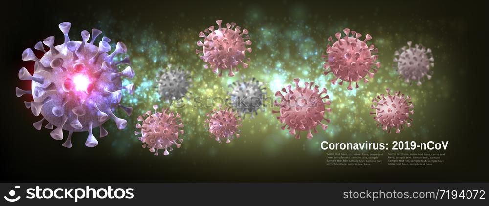 Coranavirus panorama. Background with virus COVID - 19 molecules. Vector illustration