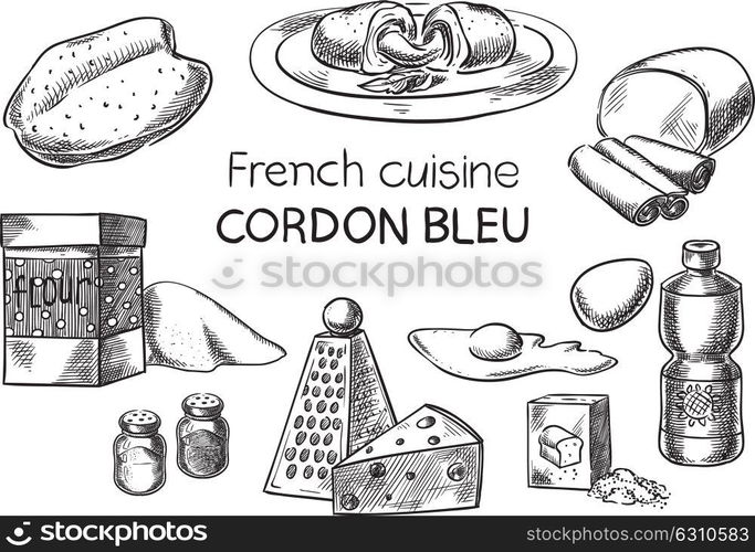 Cordon Bleu. Creative conceptual vector. Sketch hand drawn french food recipe illustration, engraving, ink, line art, vector.