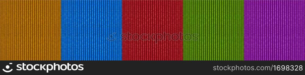 Corduroy fabric texture seamless vector pattern. 3d cord backgrounds of brown, blue, red, green and purple velvet ribbed material. Realistic apparel, carpet, flooring decorative abstract backdrops set. Corduroy fabric texture seamless vector pattern