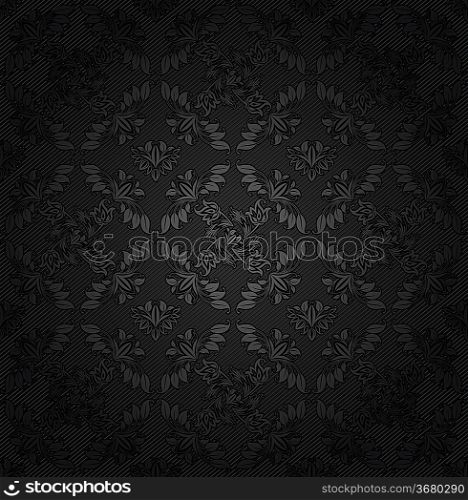 Corduroy texture dark background, ornamental fabric gray flowers