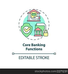 Core banking functions concept icon. Transactions and security. Automated banking abstract idea thin line illustration. Isolated outline drawing. Editable stroke. Arial, Myriad Pro-Bold fonts used. Core banking functions concept icon