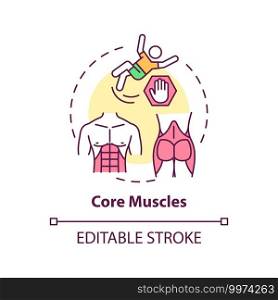 Core muscles concept icon. Physical training type idea thin line illustration. Core-strength exercises. Tightening abdominal muscles. Vector isolated outline RGB color drawing. Editable stroke. Core muscles concept icon