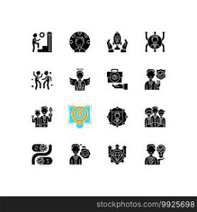 Core values black glyph icons set on white space. Persistence and determination in work. Business transparency, service integrity. Company ethics. Silhouette symbols. Vector isolated illustration. Core values black glyph icons set on white space