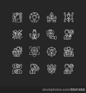 Core values chalk white icons set on black background. Persistence and determination in work. Business transparency, service integrity. Company ethics. Isolated vector chalkboard illustrations. Core values chalk white icons set on black background