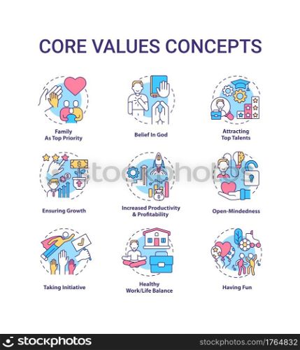 Core values concept icons set. Open-mindedness idea thin line RGB color illustrations. Attracting top talents. Family as top priority. Belief in God. Vector isolated outline drawings. Editable stroke. Core values concept icons set