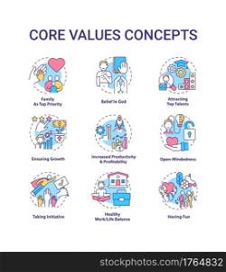 Core values concept icons set. Open-mindedness idea thin line RGB color illustrations. Attracting top talents. Family as top priority. Belief in God. Vector isolated outline drawings. Editable stroke. Core values concept icons set