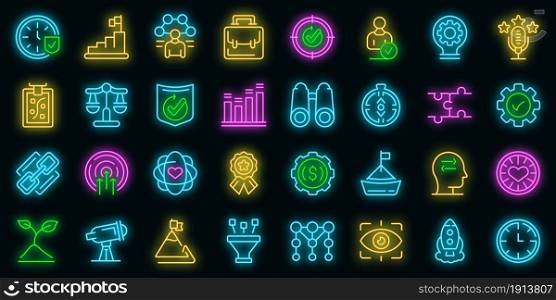 Core values icons set. Outline set of core values vector icons neon color on black. Core values icons set vector neon