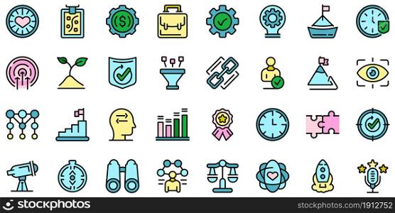 Core values icons set. Outline set of core values vector icons thin line color flat on white. Core values icons set vector flat