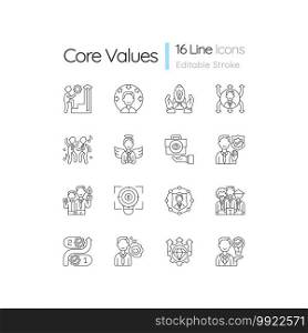 Core values linear icons set. Persistence and determination in work. Corporate mission. Company ethics. Customizable thin line contour symbols. Isolated vector outline illustrations. Editable stroke. Core values linear icons set