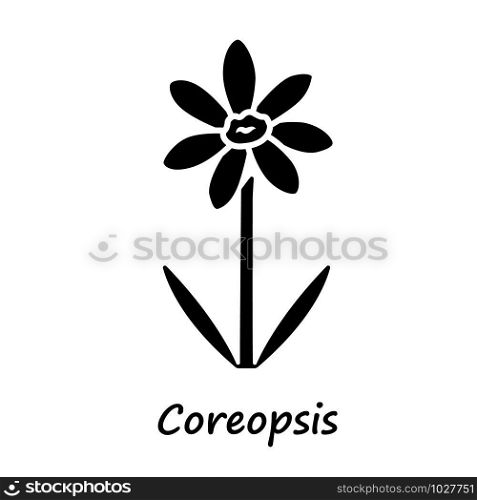 Coreopsis glyph icon. Silhouette symbol. Rudbeckia garden flower with name. Calliopsis plant inflorescence. Blooming daisy, camomile wildflower. Negative space. Vector isolated illustration