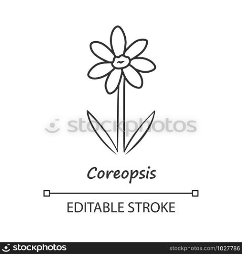 Coreopsis linear icon. Thin line illustration. Rudbeckia garden flower with name. Calliopsis plant. Blooming daisy, camomile wildflower. Contour symbol. Vector isolated drawing. Editable stroke