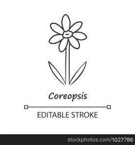 Coreopsis linear icon. Thin line illustration. Rudbeckia garden flower with name. Calliopsis plant. Blooming daisy, camomile wildflower. Contour symbol. Vector isolated drawing. Editable stroke