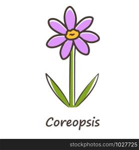 Coreopsis purple color icon. Rudbeckia garden flower with name inscription. Calliopsis plant inflorescence. Blooming daisy, camomile wildflower. Isolated vector illustration