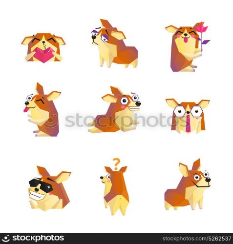 Corgi Dog Cartoon Character Icons Collection. Cute corgi dog animation cartoon character icons collection with heart rose and sunglasses isolated vector illustration