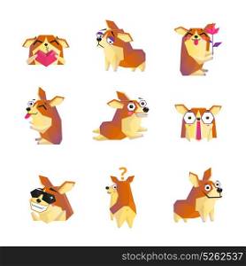 Corgi Dog Cartoon Character Icons Collection. Cute corgi dog animation cartoon character icons collection with heart rose and sunglasses isolated vector illustration