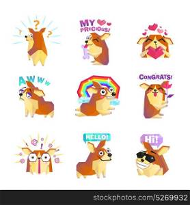 Corgi Dog Cartoon Message Icons Collection. Funny corgi dog cartoon character icons collection with question rainbow love and congrats message isolated vector illustration