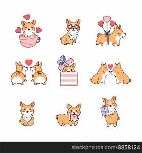 Corgi lovers. Cute dog in doodle style. Puppy. Set of vector characters. Sticker. Love and heart.