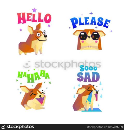 Corgi Stickers Emoticon Set. Corgi composition set with four isolated funny lap dog character flat images with decorative text captions vector illustration