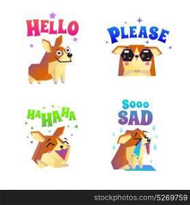 Corgi Stickers Emoticon Set. Corgi composition set with four isolated funny lap dog character flat images with decorative text captions vector illustration