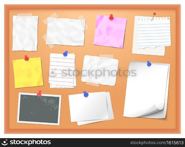 Cork board with pinned notes. Vector pin memo for office note, corkboard to reminder post message illustration. Cork board with pinned notes. Vector pin memo for office note
