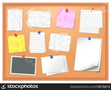 Cork board with pinned notes. Vector pin memo for office note, corkboard to reminder post message illustration. Cork board with pinned notes. Vector pin memo for office note