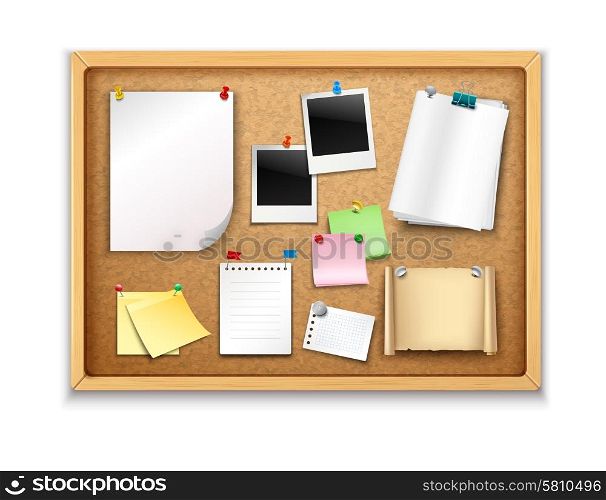 Cork board with pinned paper notepad sheets and photos realistic vector illustration. Cork Board With Papers