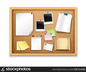 Cork board with pinned paper notepad sheets and photos realistic vector illustration. Cork Board With Papers