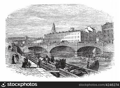 Cork in Munster, Ireland, during the 1890s, vintage engraving. Old engraved illustration of Cork showing Saint Patrick&rsquo;s Bridge and Cork City Hall.