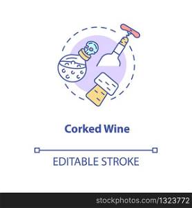 Corked wine concept icon. Vintage alcohol drinks degustation, winetasting idea thin line illustration. Closed bottle and corkscrew vector isolated outline RGB color drawing. Editable stroke