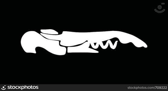 Corkscrew silhouette illustration on black background. Wine cork screw, bottle opener equipment. Design element isolated on white background. Vector illustration.. Corkscrew silhouette on black background