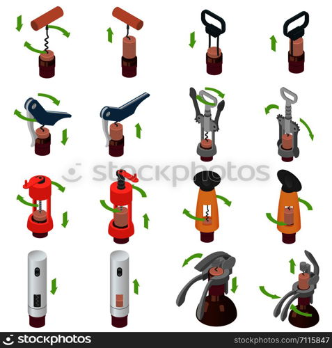 Corkscrew wine cork opener icons set. Isometric illustration of 16 corkscrew wine cork opener vector icons for web. Corkscrew wine opener icons set, isometric style