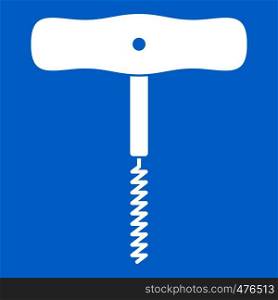Corkscrew with a metal spiral icon white isolated on blue background vector illustration. Corkscrew with a metal spiral icon white