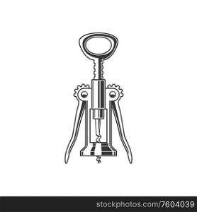 Corkscrew with levers isolated monochrome icon. Vector wine bottle opener, kitchen accessory. Wine bottles opener, isolated monochrome corkscrew