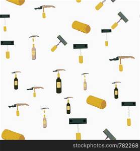 Corkscrews and wine bottles on light background seamless pattern. illustration.. Corkscrews and wine bottles on light background seamless pattern