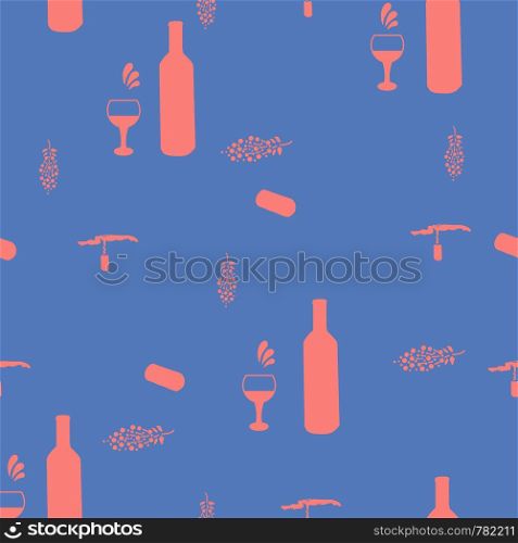 Corkscrews and wine bottles pink silhouette on blue background seamless pattern. vector illustration.