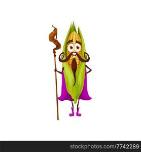 Corn cob vegetable wizard with magic crook in cape isolated cartoon character. Vector smiling emoticon fairy sorcerer, kids children farm garden food. Funny veggie with beard and mustaches on face. Magician corn cob vegetable isolated veggie wizard