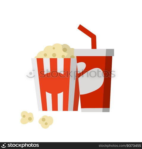Corn food and red striped packaging. Funny icon. Glass with straw. Flat cartoon illustration. Popcorn and soda. Set of snack for cinema.