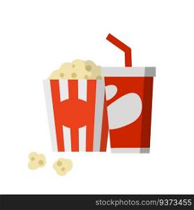 Corn food and red striped packaging. Funny icon. Glass with straw. Flat cartoon illustration. Popcorn and soda. Set of snack for cinema.