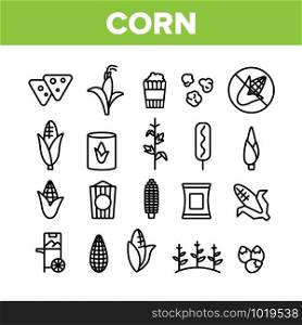 Corn Food Collection Elements Icons Set Vector Thin Line. Pop Corn And Corncob, Maize Grain And Package, Cart And Nutrition Field Concept Linear Pictograms. Monochrome Contour Illustrations. Corn Food Collection Elements Icons Set Vector