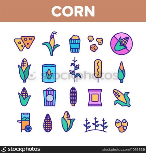 Corn Food Collection Elements Icons Set Vector Thin Line. Pop Corn And Corncob, Maize Grain And Package, Cart And Nutrition Field Concept Linear Pictograms. Color Contour Illustrations. Corn Food Color Elements Icons Set Vector
