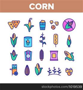 Corn Food Collection Elements Icons Set Vector Thin Line. Pop Corn And Corncob, Maize Grain And Package, Cart And Nutrition Field Concept Linear Pictograms. Color Contour Illustrations. Corn Food Color Elements Icons Set Vector