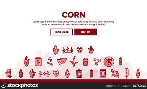 Corn Food Landing Web Page Header Banner Template Vector. Pop Corn And Corncob, Maize Grain And Package, Cart And Nutrition Field Illustration. Corn Food Landing Header Vector